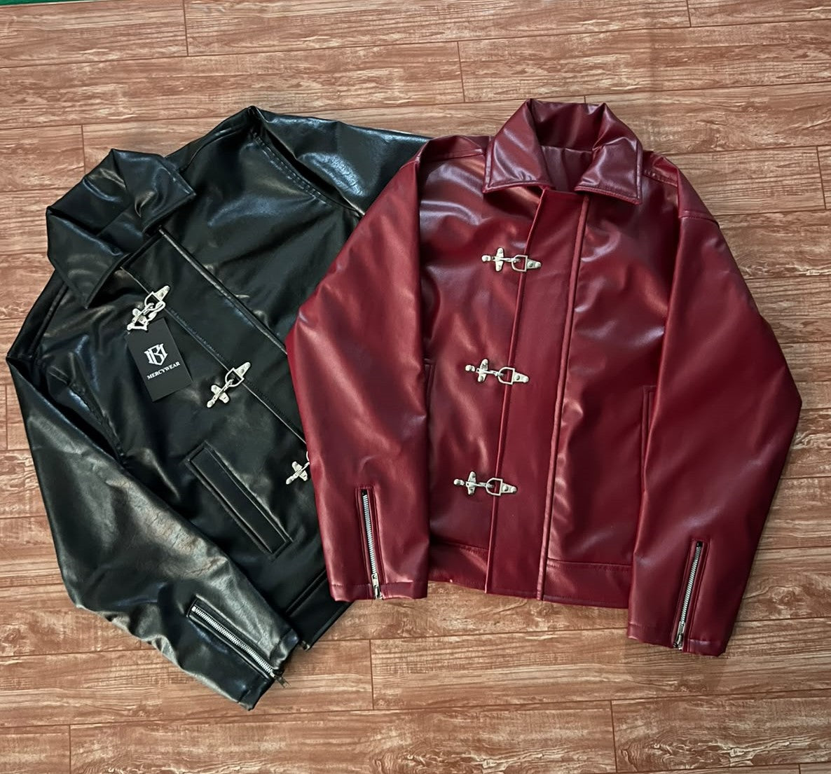 Mercywear black and burgundy cropped leather jacket combo with buckle closure