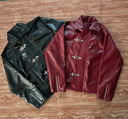 Mercywear black and burgundy cropped leather jacket combo with buckle closure