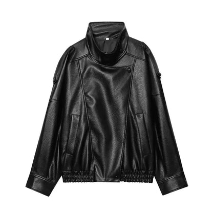 Mercywear premium black leather jacket styled on model