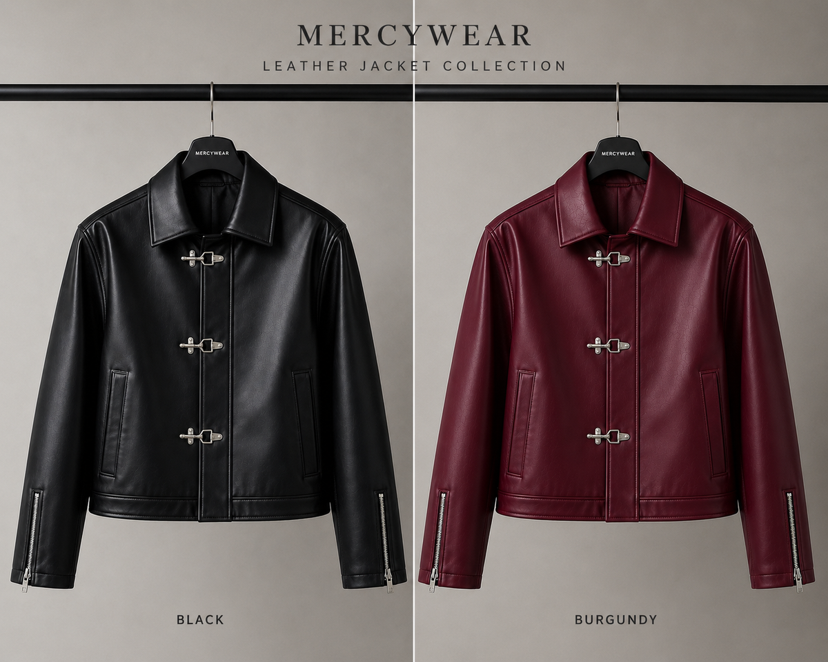 Korean style black and burgundy leather jacket set with zip cuffs