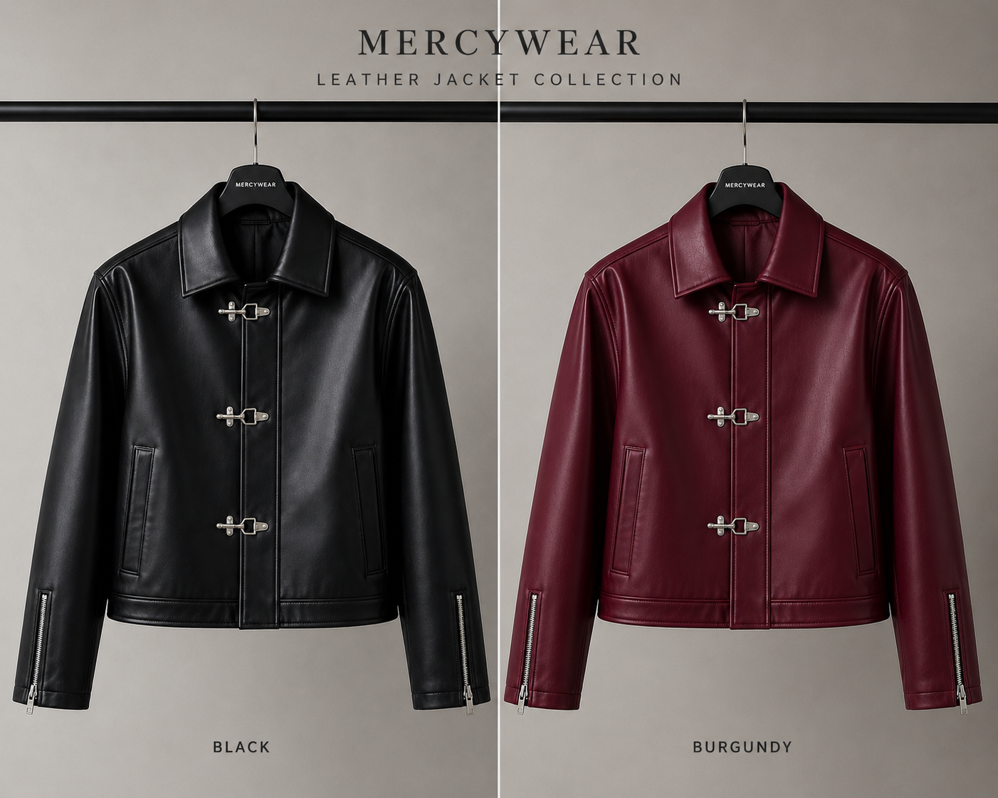 Korean style black and burgundy leather jacket set with zip cuffs