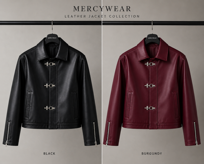 Korean style black and burgundy leather jacket set with zip cuffs