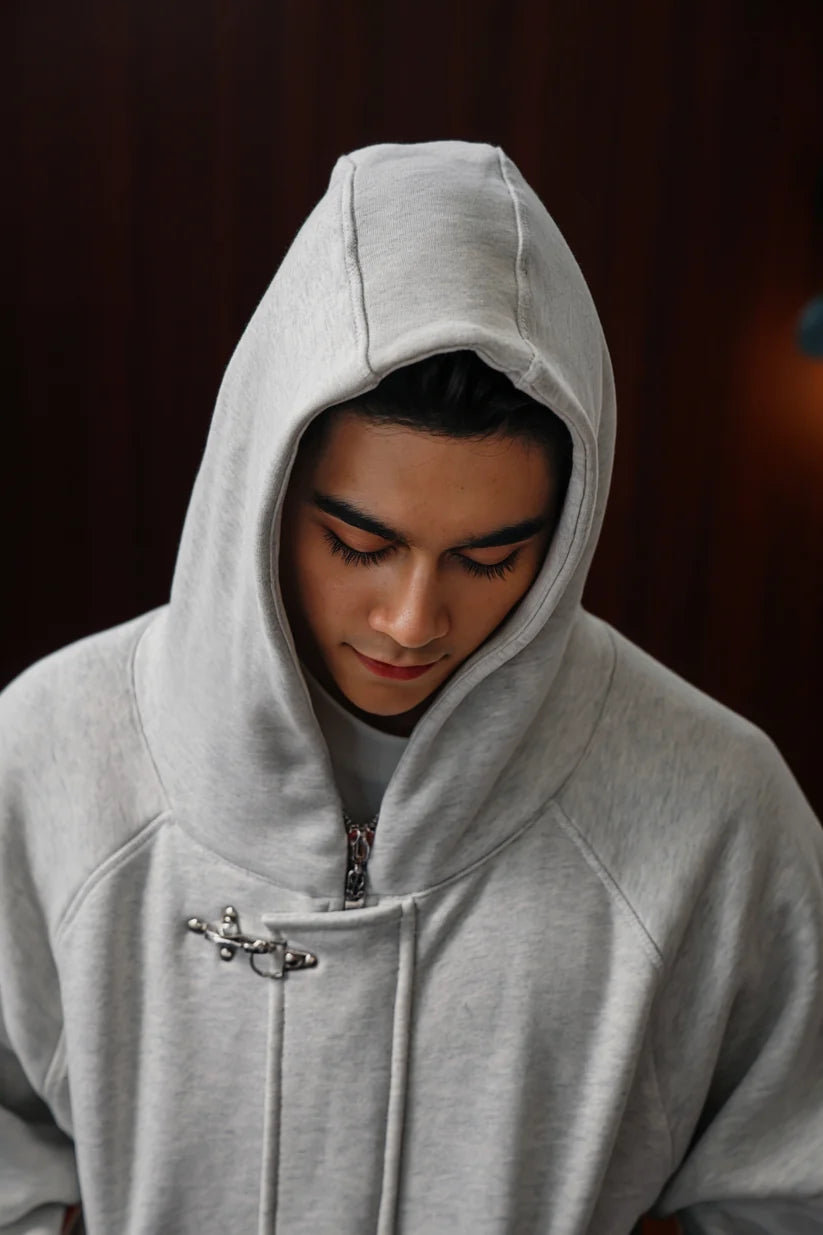 Grey oversized fireman clasp hoodie side view for men