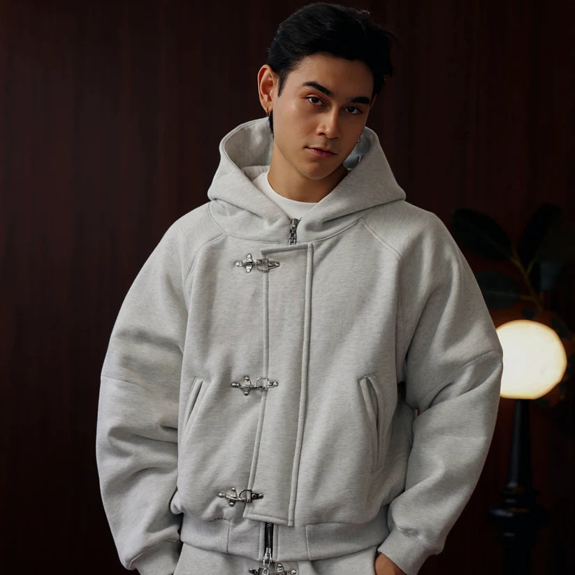 Grey fireman clasp oversized hoodie back view by Mercywear