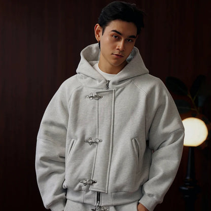 Grey fireman clasp oversized hoodie back view by Mercywear