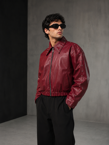 Mercywear Ironbite boxy cropped jacket in burgundy with studded sleeves