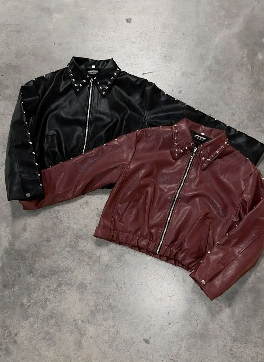 Mercywear Ironbite black and burgundy studded cropped jacket combo