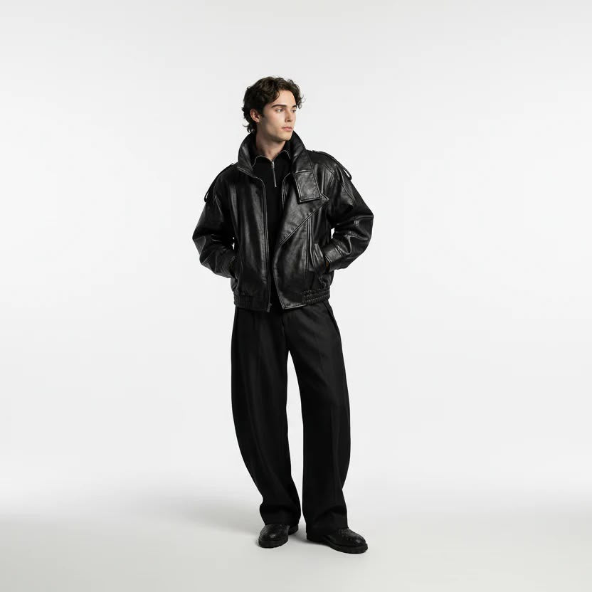 Mercywear premium black leather-look jacket back view