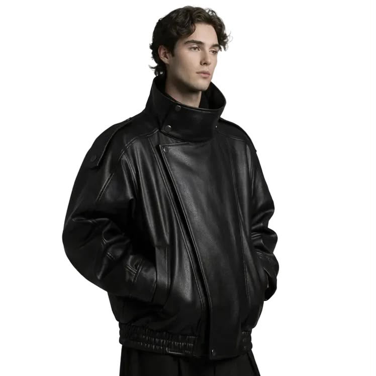 Mercywear premium black leather jacket styled on model