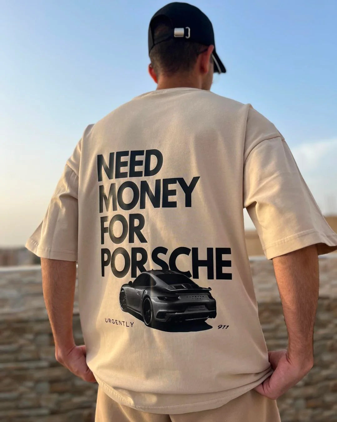 Beige Oversized Porsche Streetwear T Shirt Model View