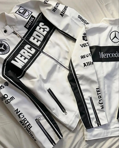 Mercedes‑Inspired Classic F1 Racing Leather Jacket – Embroidered Motorsport Elegance