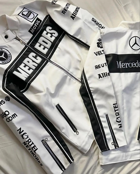 Mercedes‑Inspired Classic F1 Racing Leather Jacket – Embroidered Motorsport Elegance