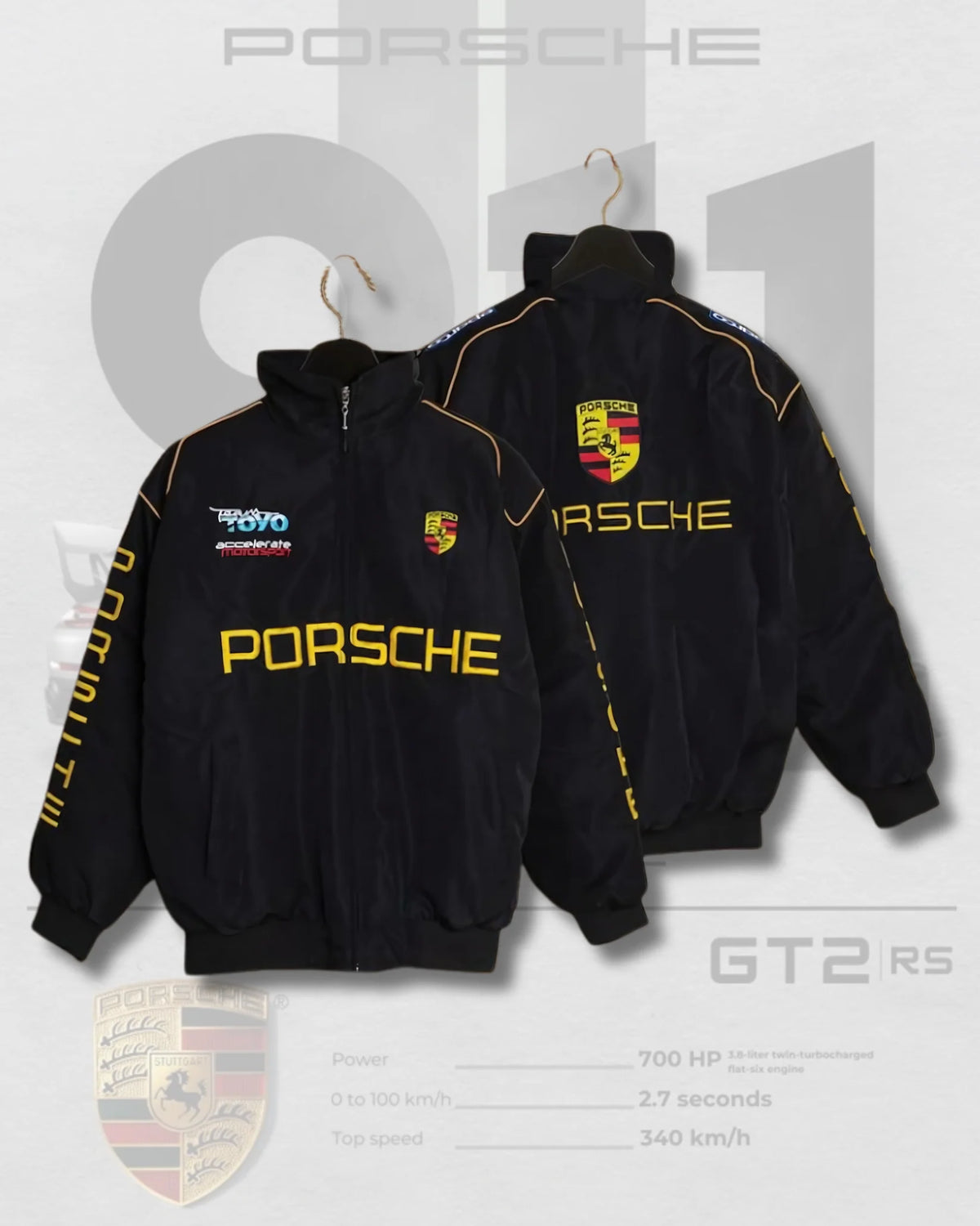 Black motorsport jacket with yellow Porsche lettering on chest and crest patch