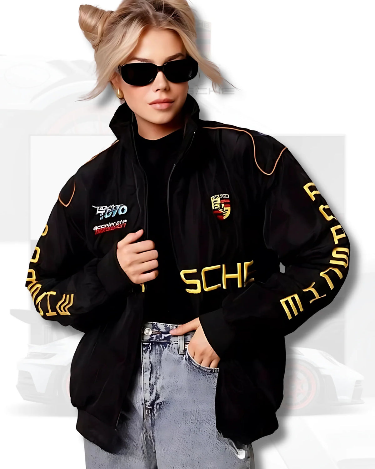 Black zip racing jacket with yellow Porsche lettering, stand collar, and crest patch
