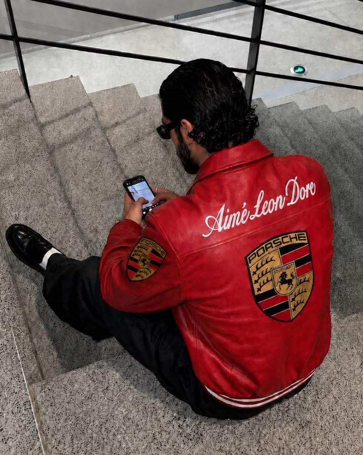 Red Porsche racing leather jacket back view by Mercywear