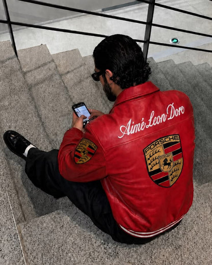 Red Porsche racing leather jacket back view by Mercywear