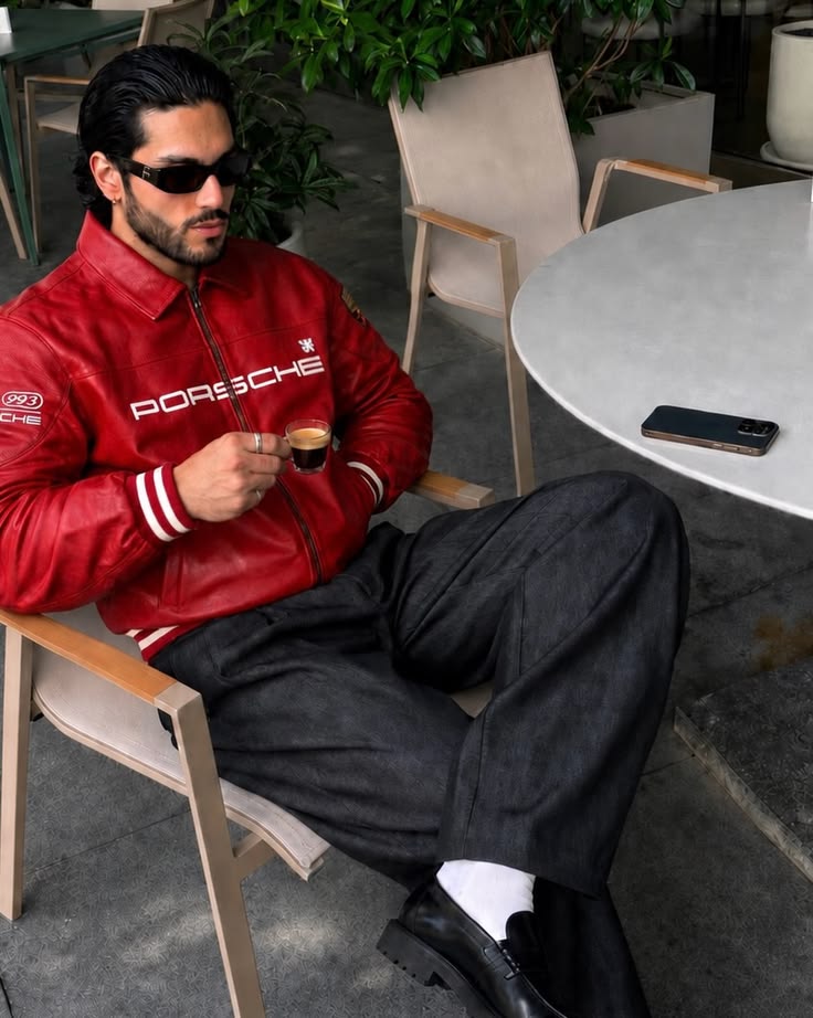 Red Porsche racing leather jacket front view by Mercywear