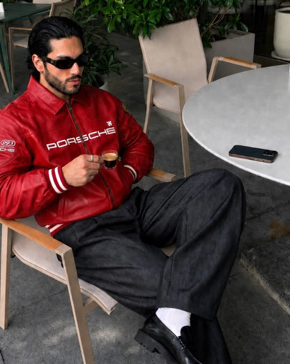 Red Porsche racing leather jacket front view by Mercywear