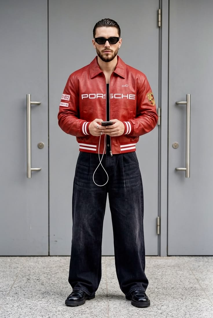 Red Porsche racing leather jacket with motorsport design by Mercywear