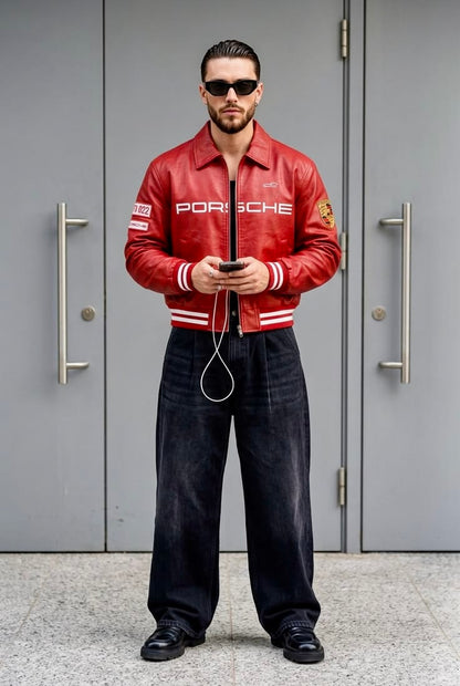 Red Porsche racing leather jacket with motorsport design by Mercywear