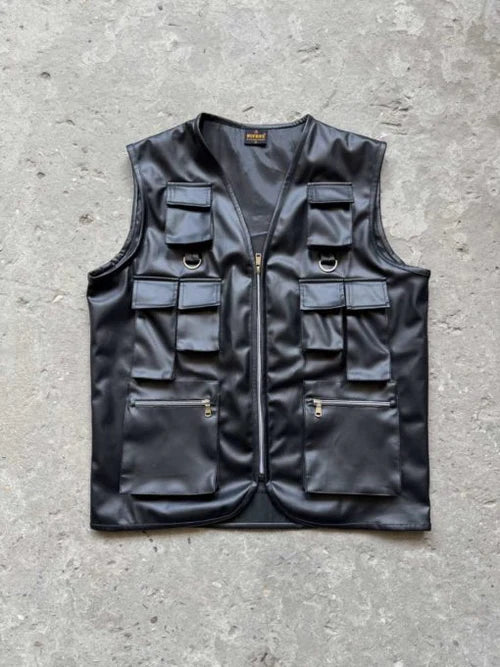 Black leather utility vest with front zip and multiple flap pockets
