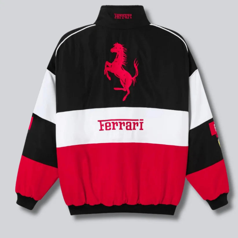 Back View: Focus on the Ferrari branding and any prominent racing imagery or text on the back